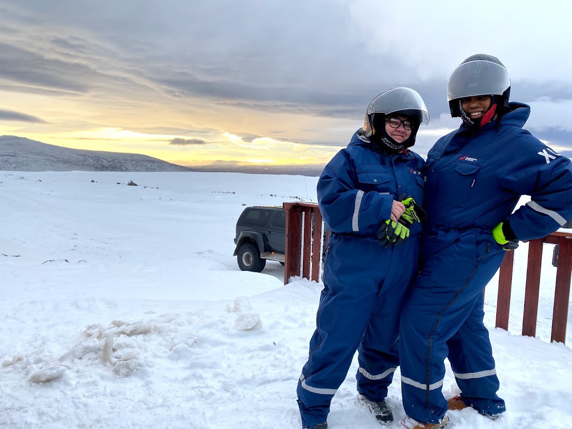 Jackie and her friend on a glacier in Iceland.